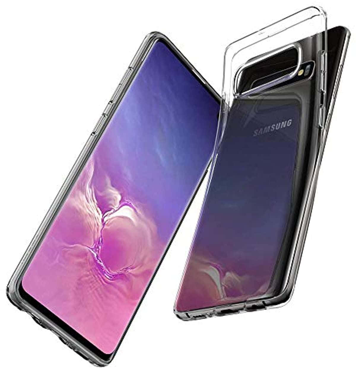Galaxy S10 桌布 壁紙 — 一部時尚的Samsung智慧型手機，帶有充滿活力的紫色和粉紅色抽象桌布，並配有透明保護殼，展示在白色背景上。