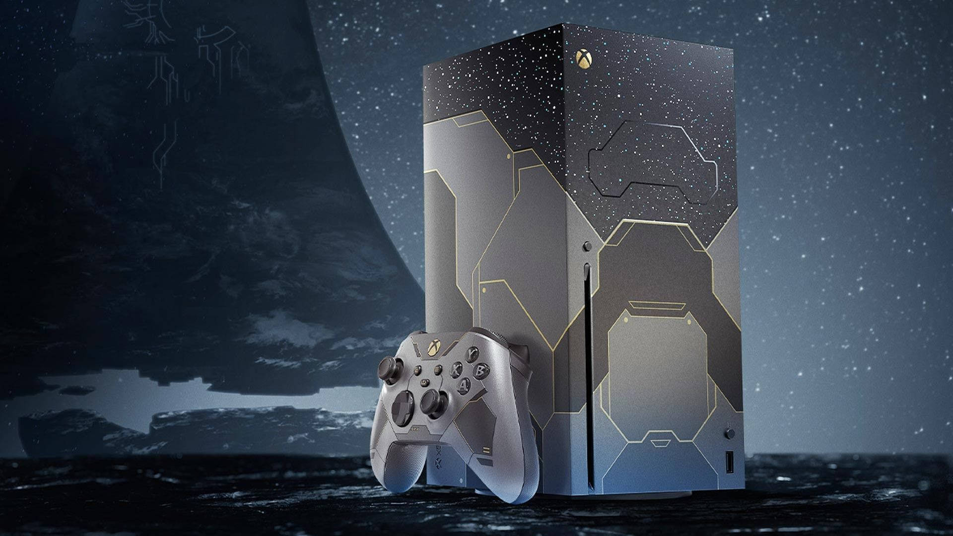 Xbox 桌布 壁紙 — 一部時尚的Xbox主機和控制器站在一個岩石外星行星上，星空下有一輪大月亮。