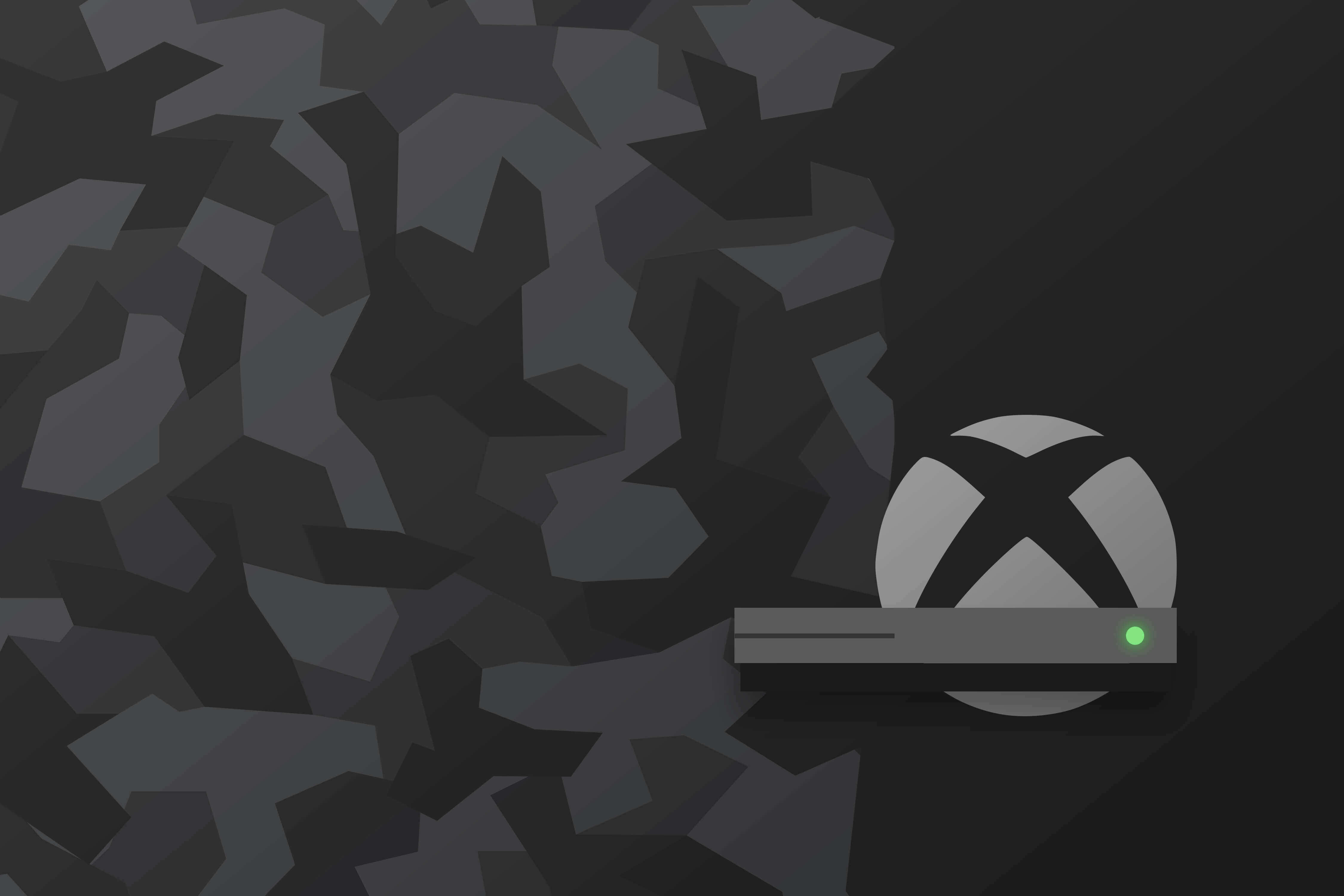 Xbox 桌布 壁紙 — 一部時尚的Xbox主機帶有發光綠色燈光，放置在深色幾何圖案背景上。