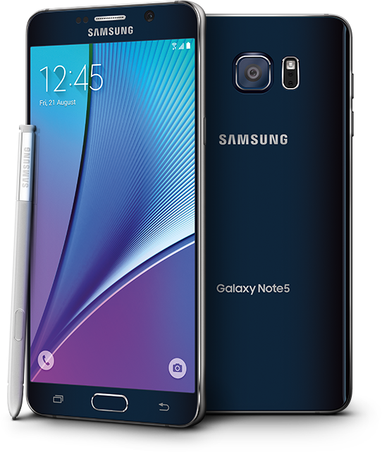 Clip Art 桌布 壁紙 — 一部時尚的三星 Galaxy Note5 智慧型手機，前後展示，附有 S Pen，背景為純白色。
