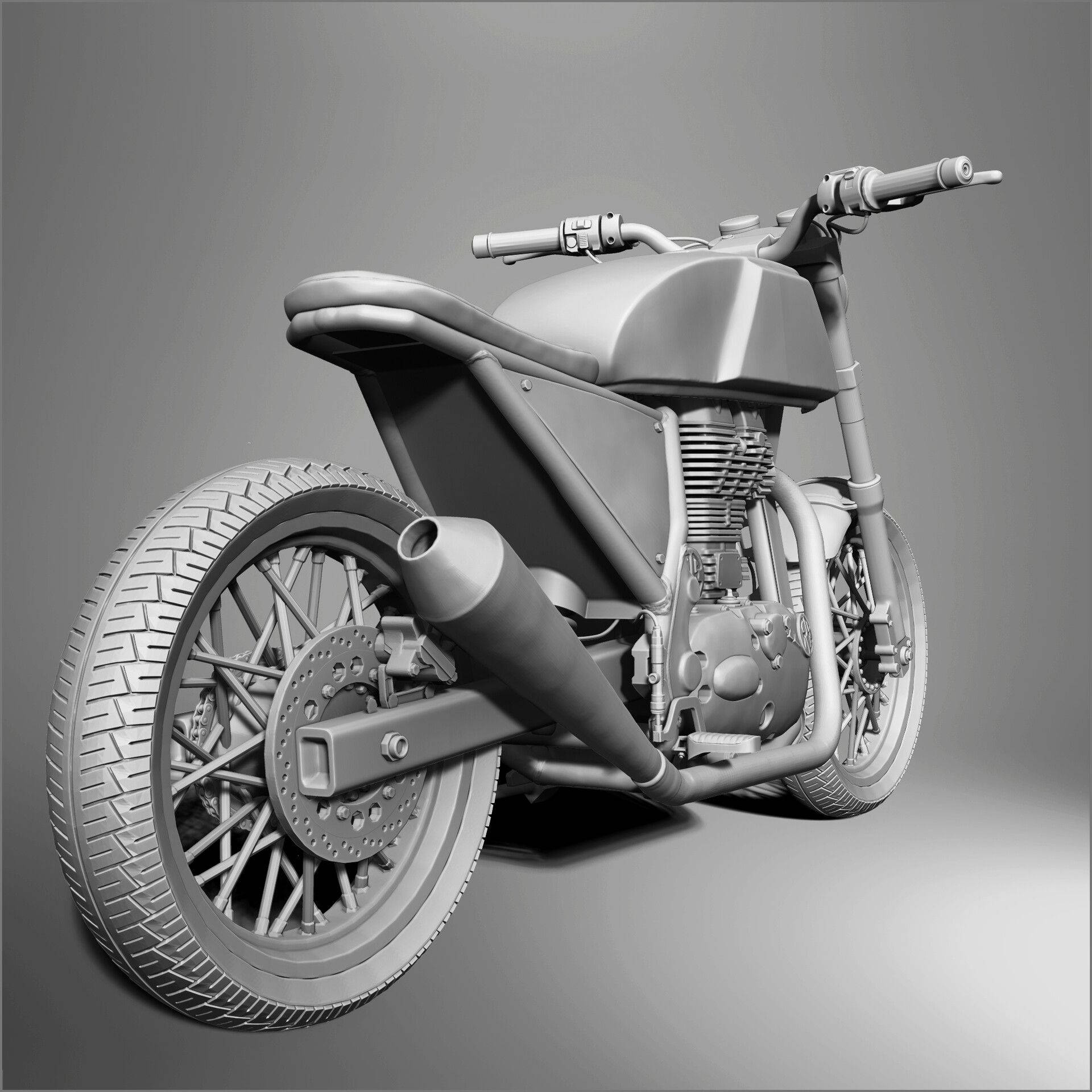腳踏車 桌布 壁紙 — 一部時尚的單色3D渲染定制機車，帶有外露引擎和輻條輪，背景為漸變灰色。