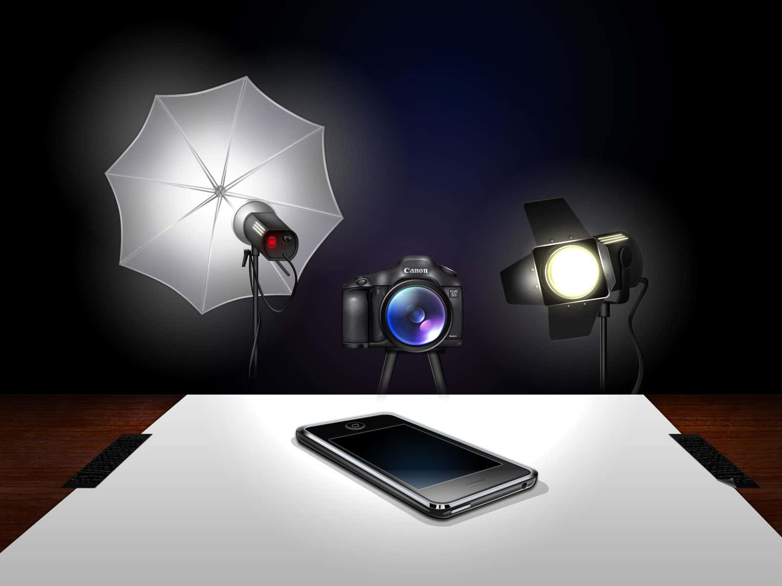 Photoshoot 桌布 壁紙 — 一部時尚的智慧型手機放置在白色攝影棚背景上，由柔光箱、相機和聚光燈照亮，背景為深色。