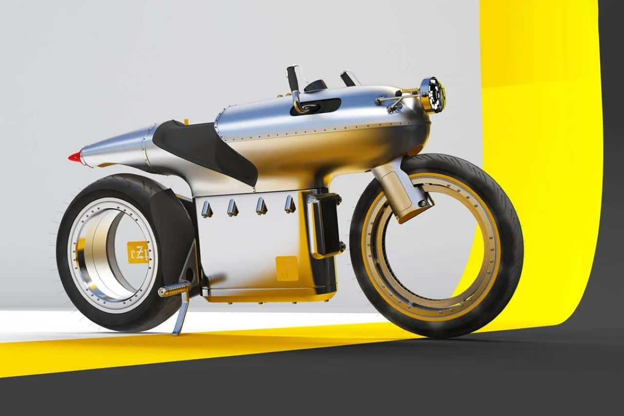 Electric Bike 桌布 壁紙 — 一部時尚的未來感機車，帶有金屬銀色和金色點綴，矗立在鮮明的黃色和灰色背景前。