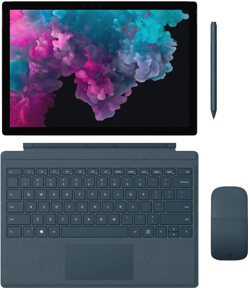 microsoft 桌布 壁紙 — 一部時尚的深灰色平板電腦，配備可分離鍵盤和觸控筆，螢幕上顯示鮮豔的粉紅色和藍綠色墨水在旋轉。