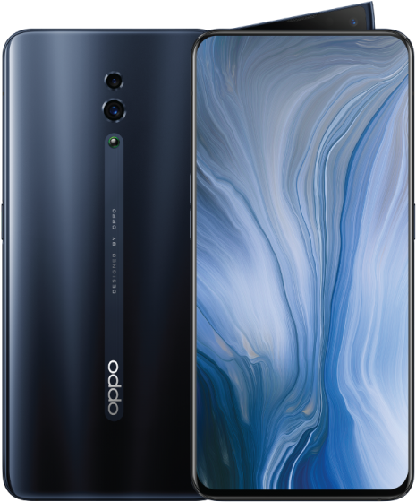 Oppo Mobile 桌布 壁紙 — 一部時尚的深藍色 OPPO 智慧型手機，正面和背面展示，螢幕上帶有旋轉的藍白抽象桌布。