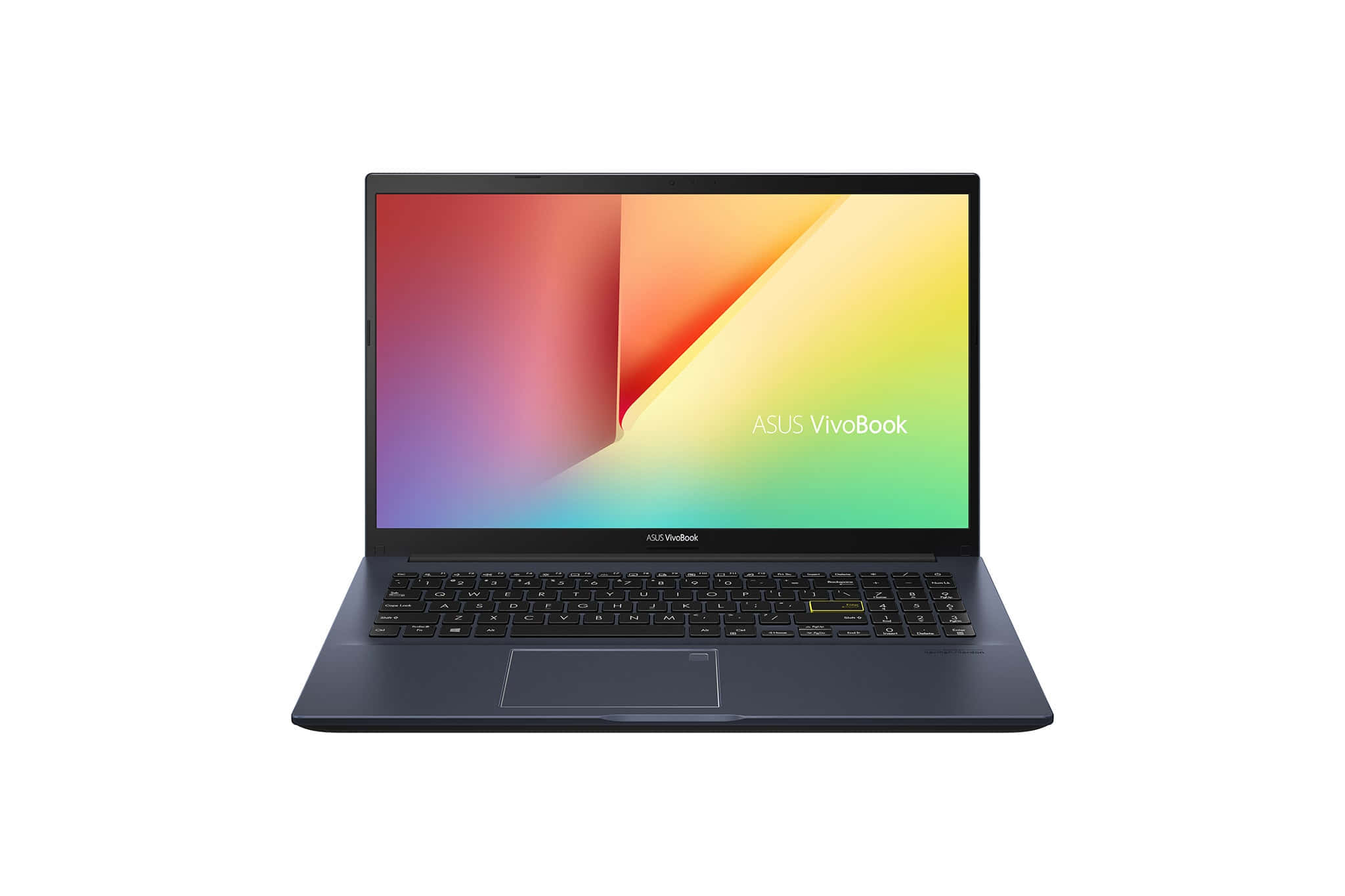筆電 桌布 壁紙 — 一部時尚的深藍色ASUS VivoBook筆記型電腦在白色背景上打開，顯示充滿活力的漸變螢幕。