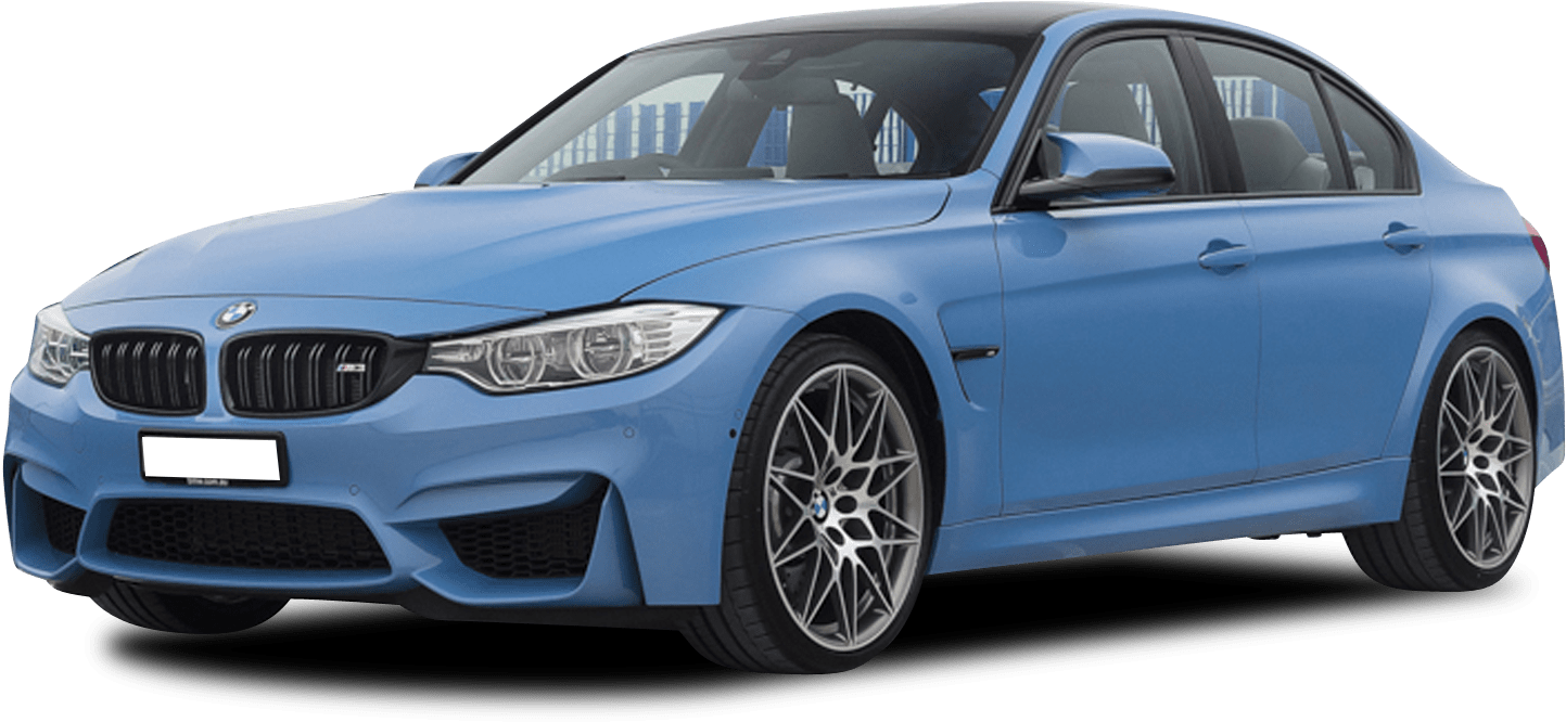 BMW 動圖 桌布 壁紙 — 一部時尚的淺藍色BMW M3轎車，配備銀色合金輪圈和黑色飾邊，在透明背景上以工作室燈光展示。