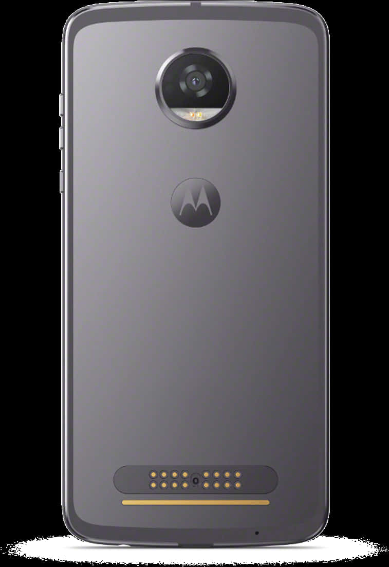 Smart Phone 桌布 壁紙 — 一部時尚的灰色 Motorola 智慧型手機，帶有圓形相機模組和金色飾條，背景為黑色。