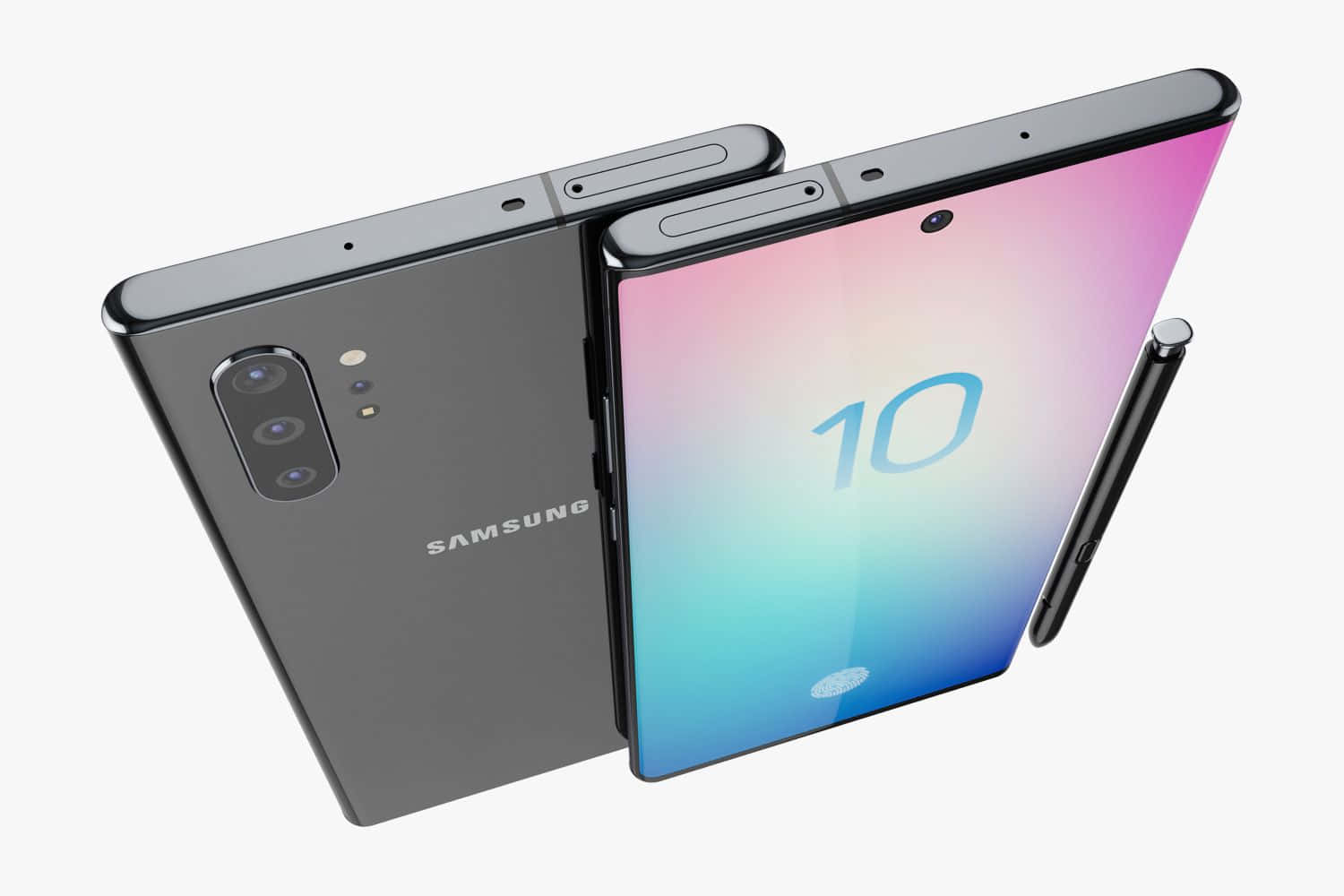 Note 10 桌布 壁紙 — 一部時尚的灰色Samsung摺疊手機顯示出充滿活力的漸變螢幕，上面有數字十，旁邊放著一支觸控筆。