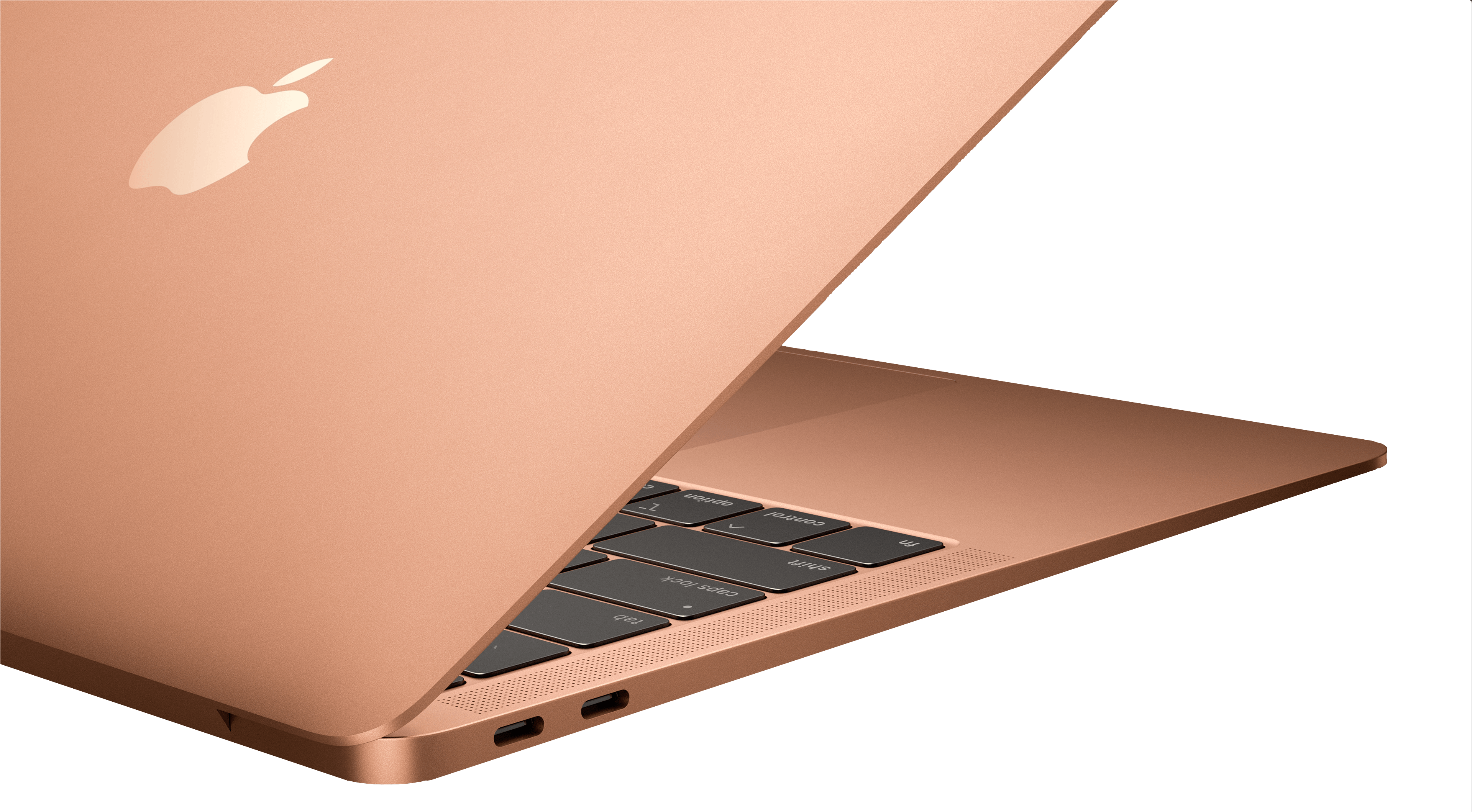 MacBook 動態圖片 桌布 壁紙 — 一部時尚的玫瑰金色 MacBook 筆記型電腦以傾斜角度打開，展示其鍵盤和標誌，背景為黑色。