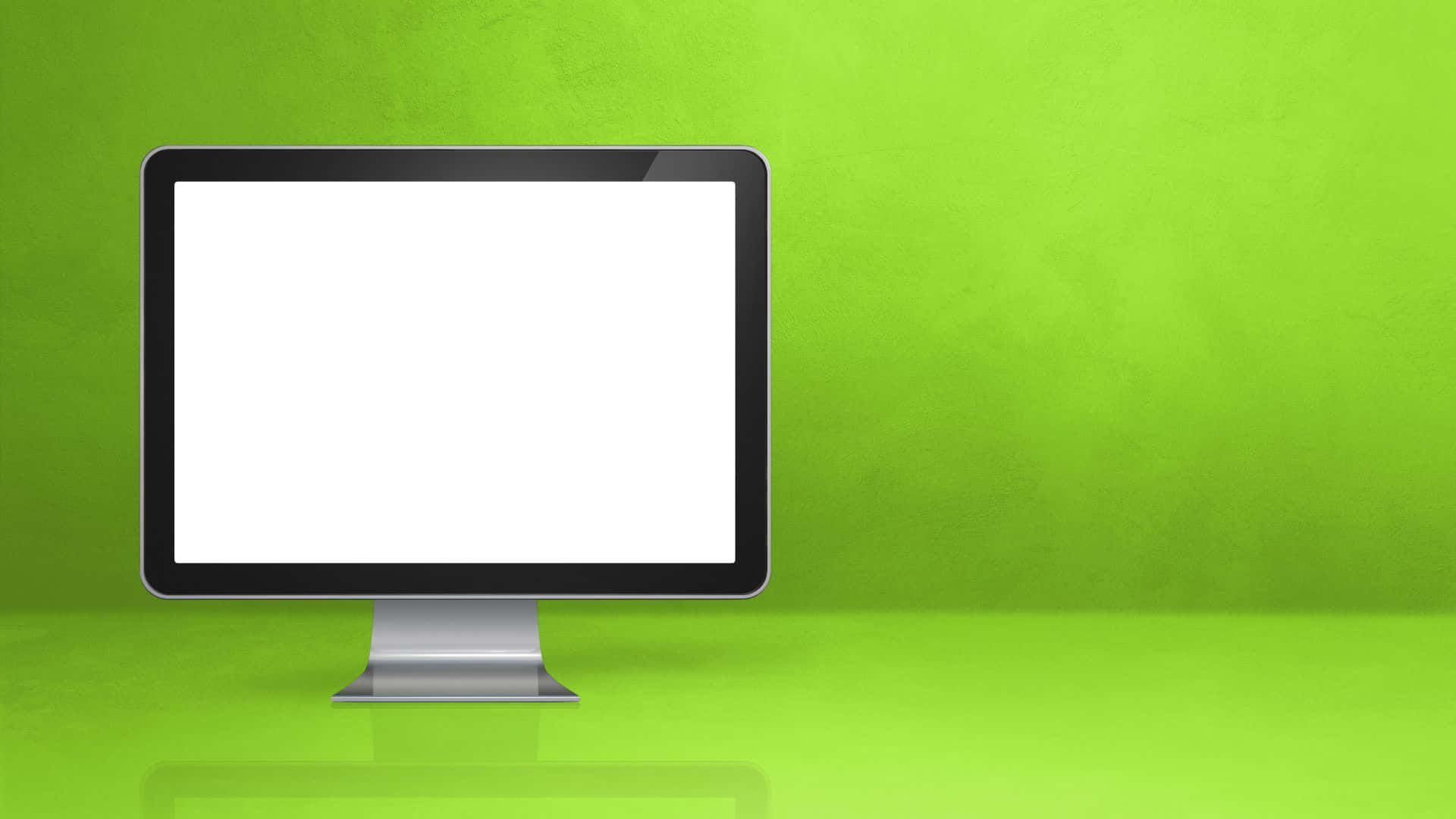 Computer Screen 桌布 壁紙 — 一部時尚的現代電腦顯示器，帶有空白白色螢幕，居中放置在充滿活力的萊姆綠色紋理牆壁和地板上。