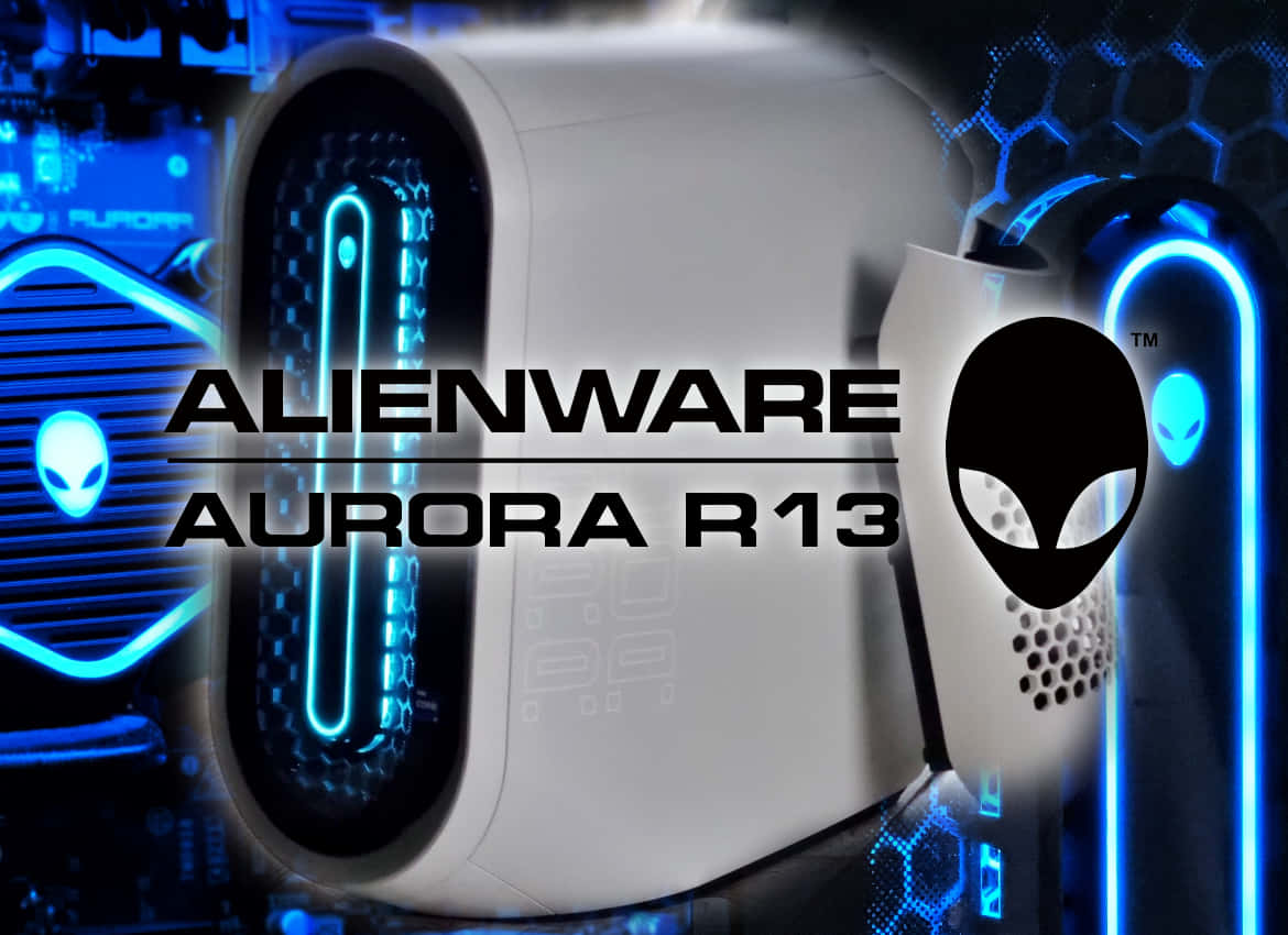 外星人 桌布 壁紙 — 一部時尚的白色 Alienware Aurora R13 桌上型電腦，在黑暗的科技主題背景下散發出鮮豔的藍色 LED 燈光。