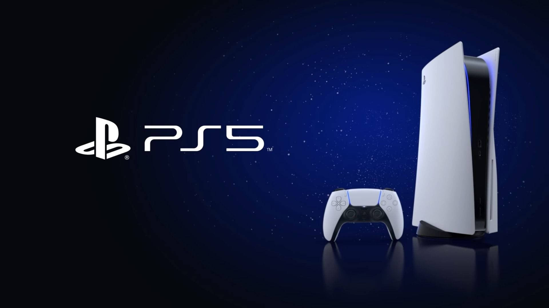PS5 動態圖片 桌布 壁紙 — 一部時尚的白色 PlayStation 5 主機和控制器放在反射表面上，背景是深藍色星空和 PS5 標誌。