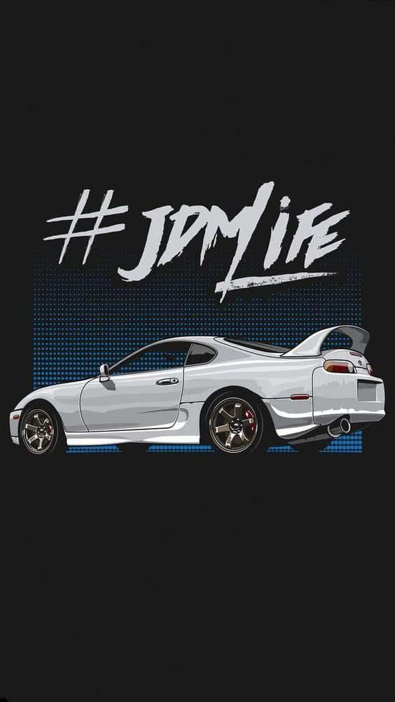 桌布 壁紙 — 一部時尚的白色JDM跑車，帶有升起的後尾翼，在深色背景上以側面輪廓展示，並帶有藍色像素圖形和標籤JDM LIFE。