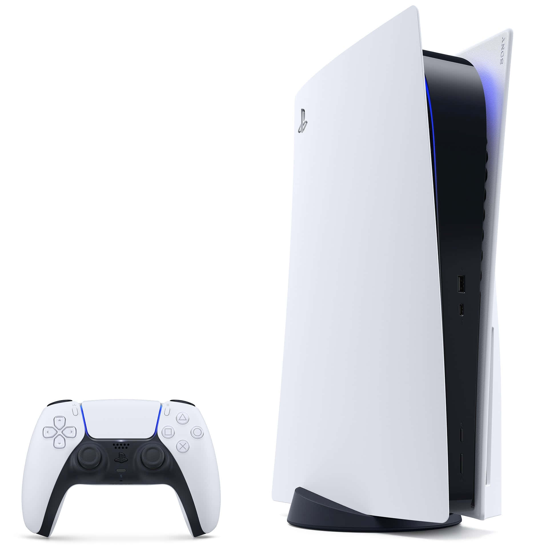 PlayStation 桌布 壁紙 — 一部時尚的白色PlayStation 5主機帶有藍色LED光芒，旁邊是其匹配的控制器，背景為純白色。