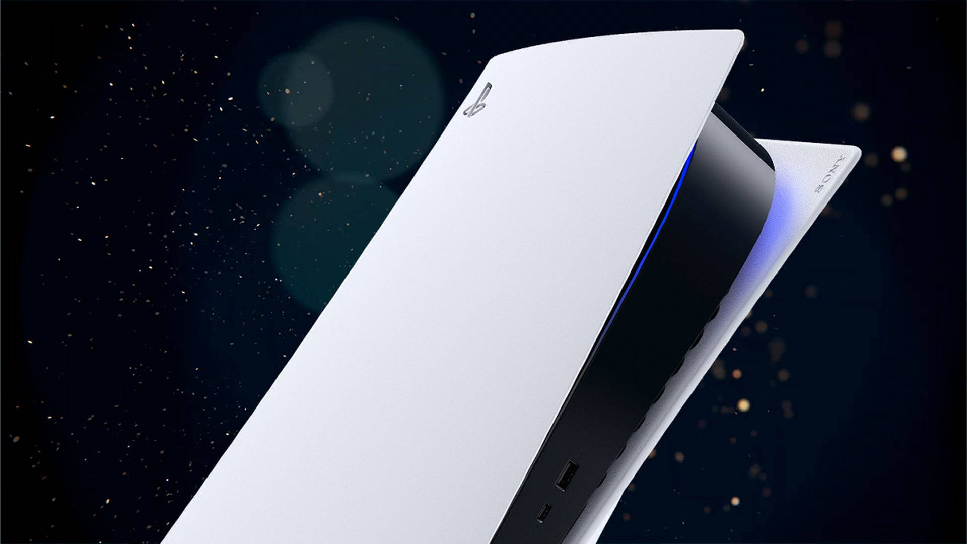 PS5 動態圖片 桌布 壁紙 — 一部時尚的白色PlayStation 5主機，傾斜在星光燦爛的宇宙背景上，帶有發光的藍色燈光點綴。