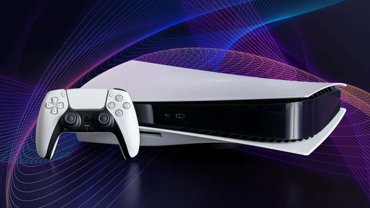 PS5 動態圖片 桌布 壁紙 — 一部時尚的白色PlayStation 5主機和控制器，在藍色和紫色發光數位線條的動態漩渦中靜置。