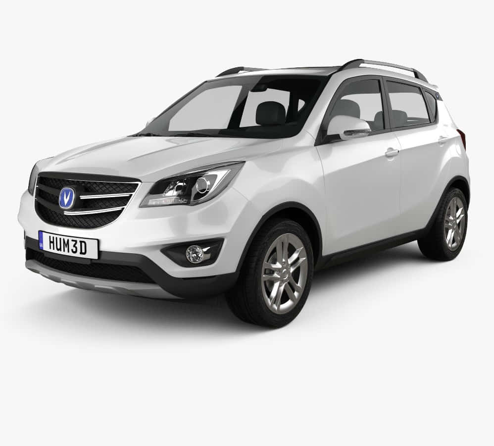 Changan 桌布 壁紙 — 一部時尚的白色SUV，配有銀色車頂行李架和合金輪圈，在簡潔的白色背景工作室渲染中展示。