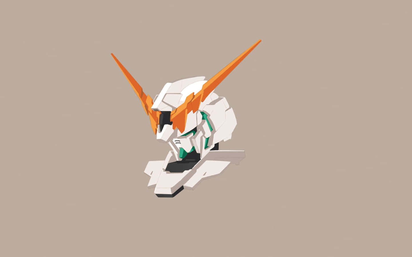 Gundam Desktop 桌布 壁紙 — 一部時尚的白色和橙色機甲，帶有棱角分明的角和綠色點綴，漂浮在柔和的米色背景上。