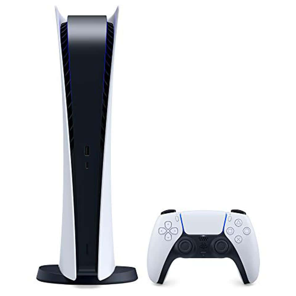 PS5 動態圖片 桌布 壁紙 — 一部時尚的白色和黑色 PlayStation 5 主機及其匹配的控制器，展示在乾淨的白色背景上。