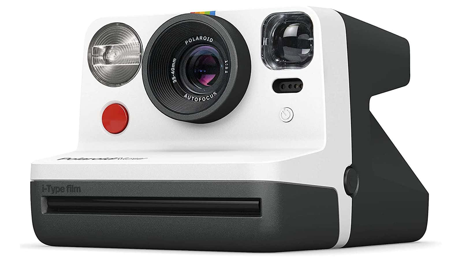 相機 桌布 壁紙 — 一部時尚的白色和黑色Polaroid即時相機，帶有紅色快門按鈕和彩虹標誌，背景為乾淨的白色。