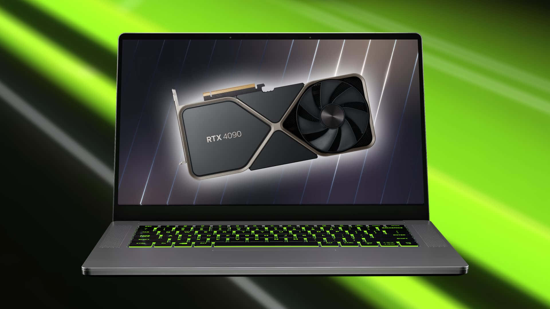 nvidia 桌布 壁紙 — 一部時尚的筆記型電腦，帶有發光的綠色鍵盤，在動態的綠色和黑色背景上顯示詳細的 RTX 4090 顯示卡。