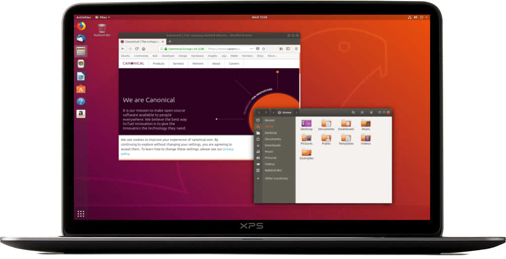ubuntu 桌布 壁紙 — 一部時尚的筆記型電腦顯示 Ubuntu 桌面，瀏覽器和檔案管理員視窗開啟，背景是充滿活力的橙色和紫色桌布。
