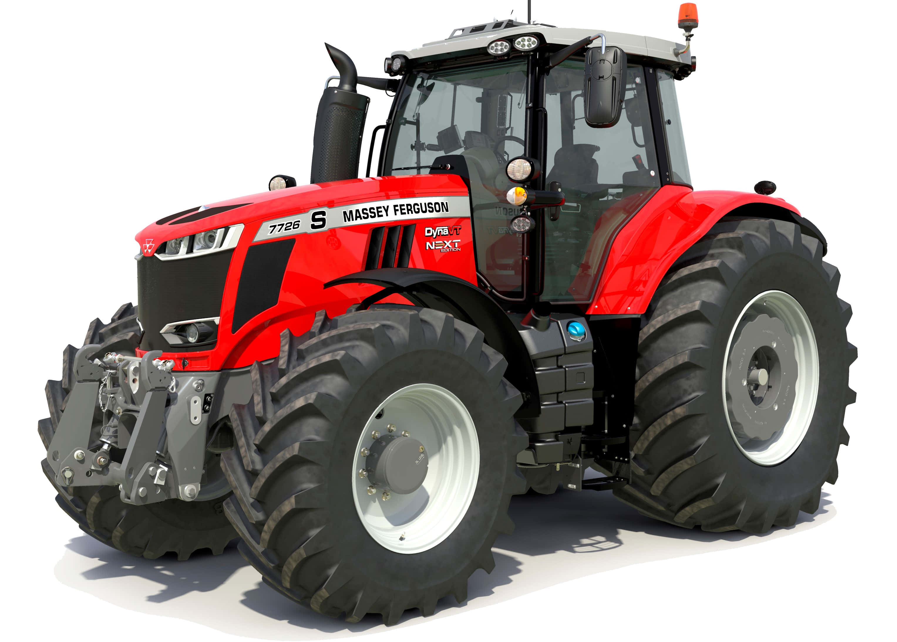 Tractor 桌布 壁紙 — 一部時尚的紅色Massey Ferguson 7726 S拖拉機，配備大型黑色輪胎，孤立在白色背景上，展示其現代農業設計。