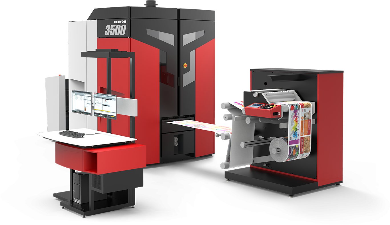 Heat 桌布 壁紙 — 一部時尚的紅色和黑色Xeikon 3500數位印表機在乾淨的黑色背景上輸出鮮豔多彩的印刷材料。