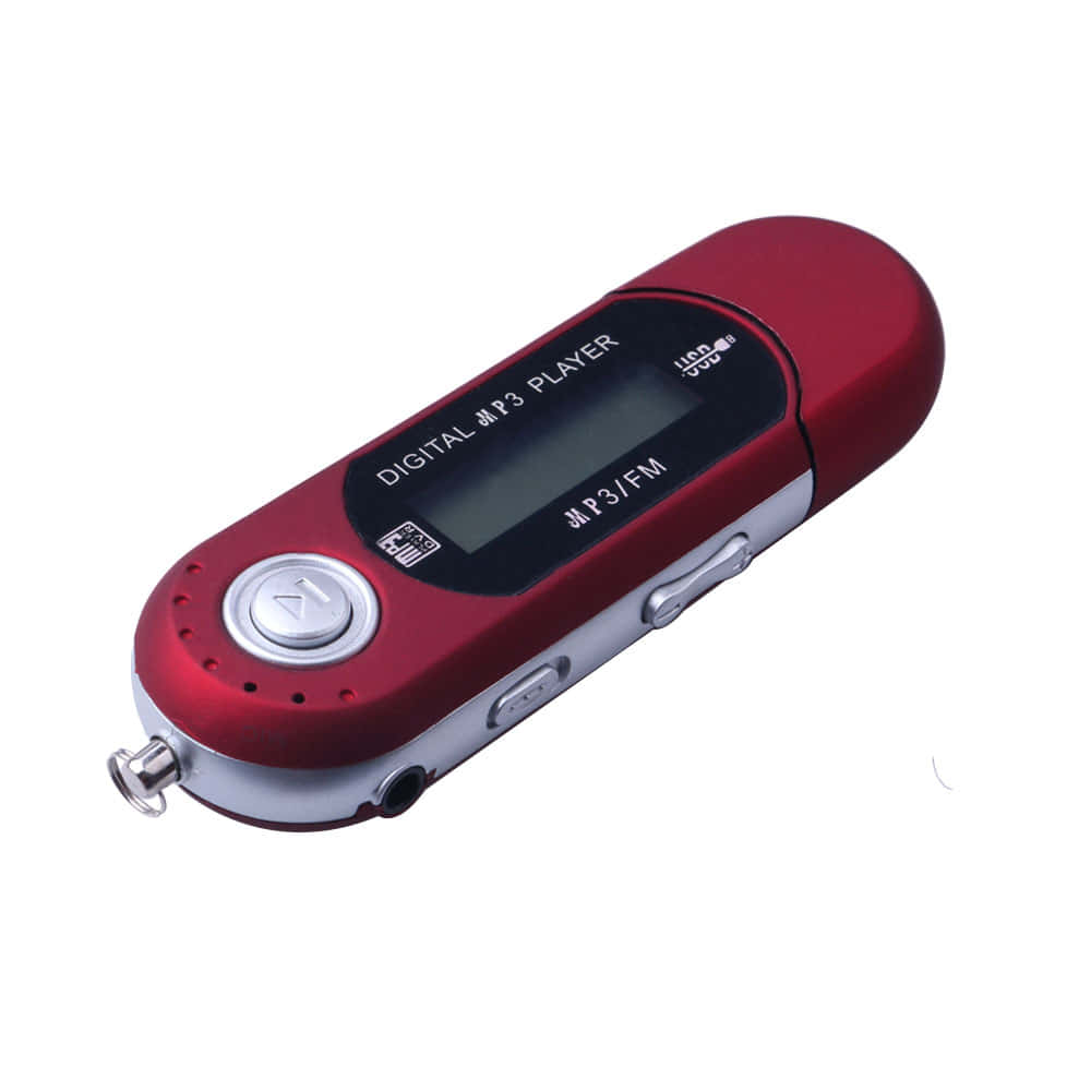 Music Player 桌布 壁紙 — 一部時尚的紅色數位MP3播放器，帶有銀色點綴和小螢幕，孤立地放在白色背景上。