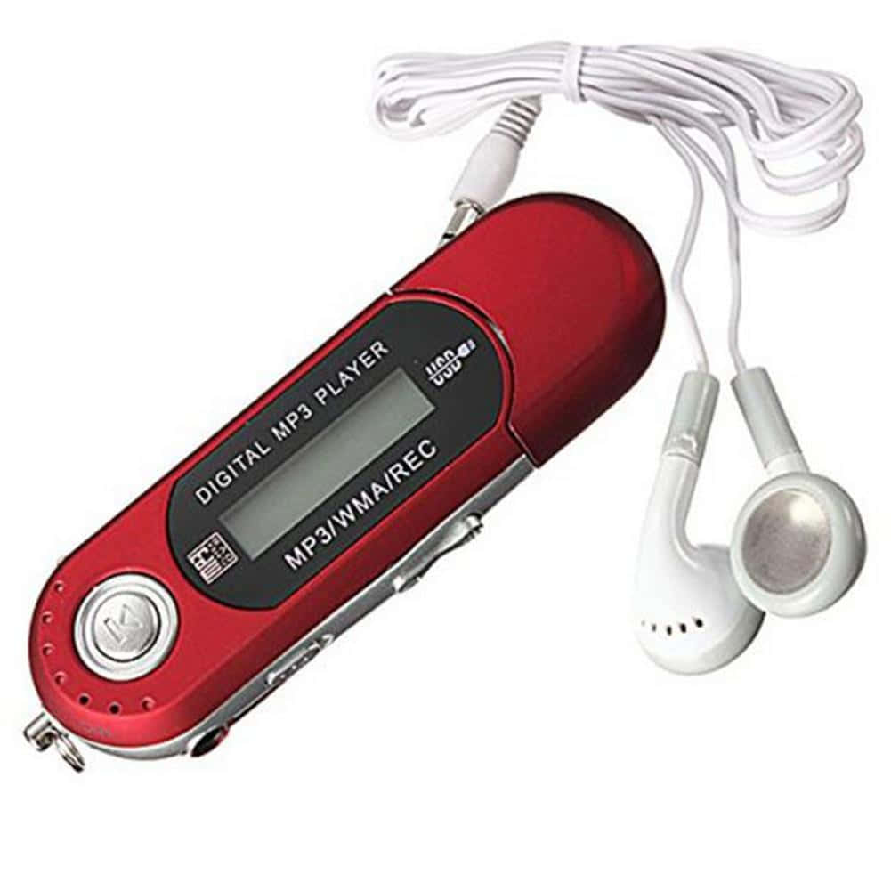 Music Player 桌布 壁紙 — 一部時尚的紅色數位MP3播放器，旁邊纏繞著白色耳塞，置於潔白背景上。