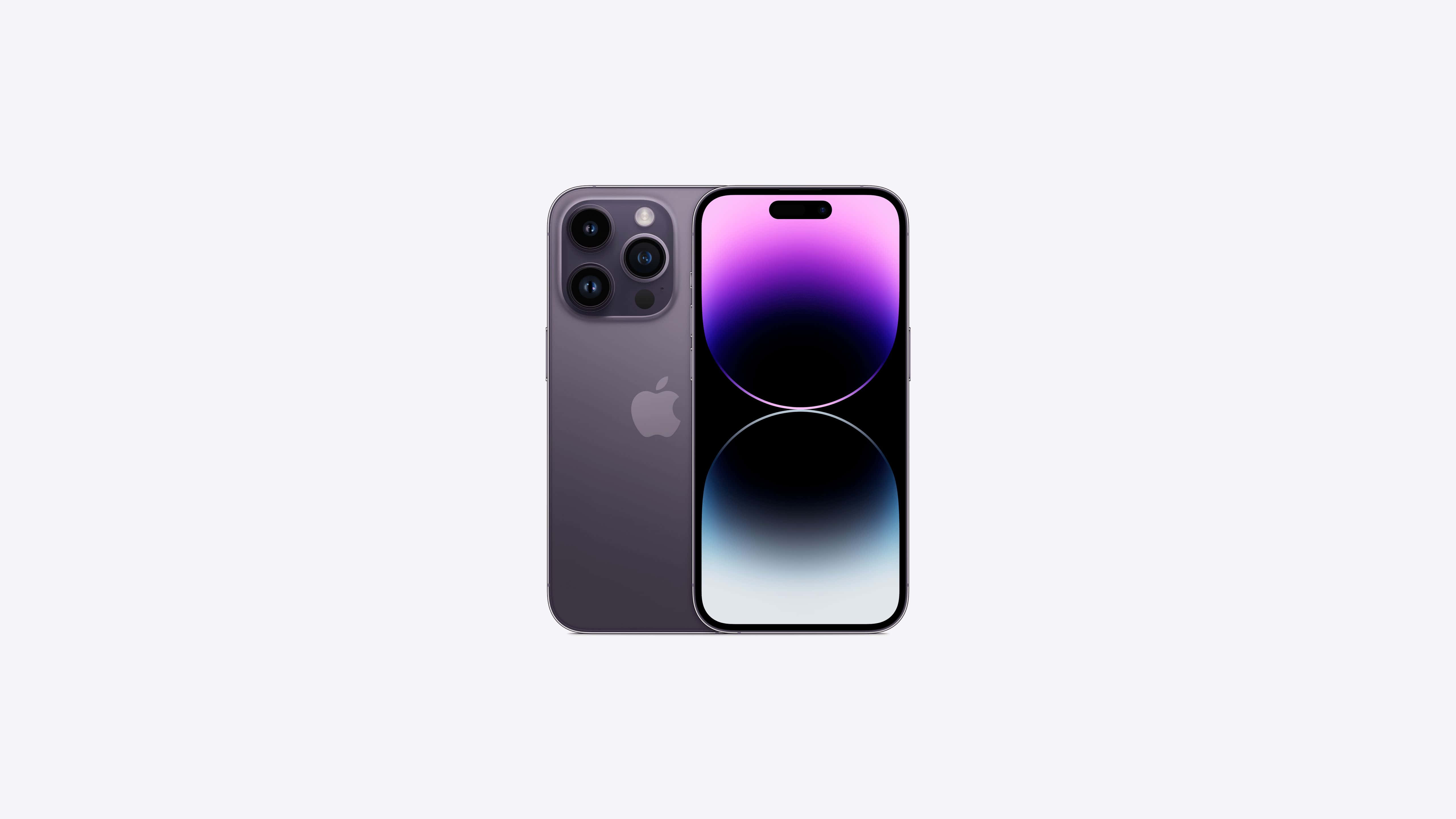 Apple Phone 桌布 壁紙 — 一部時尚的紫色 iPhone 14 Pro 在純白背景上展示正面和背面，帶漸變螢幕顯示。