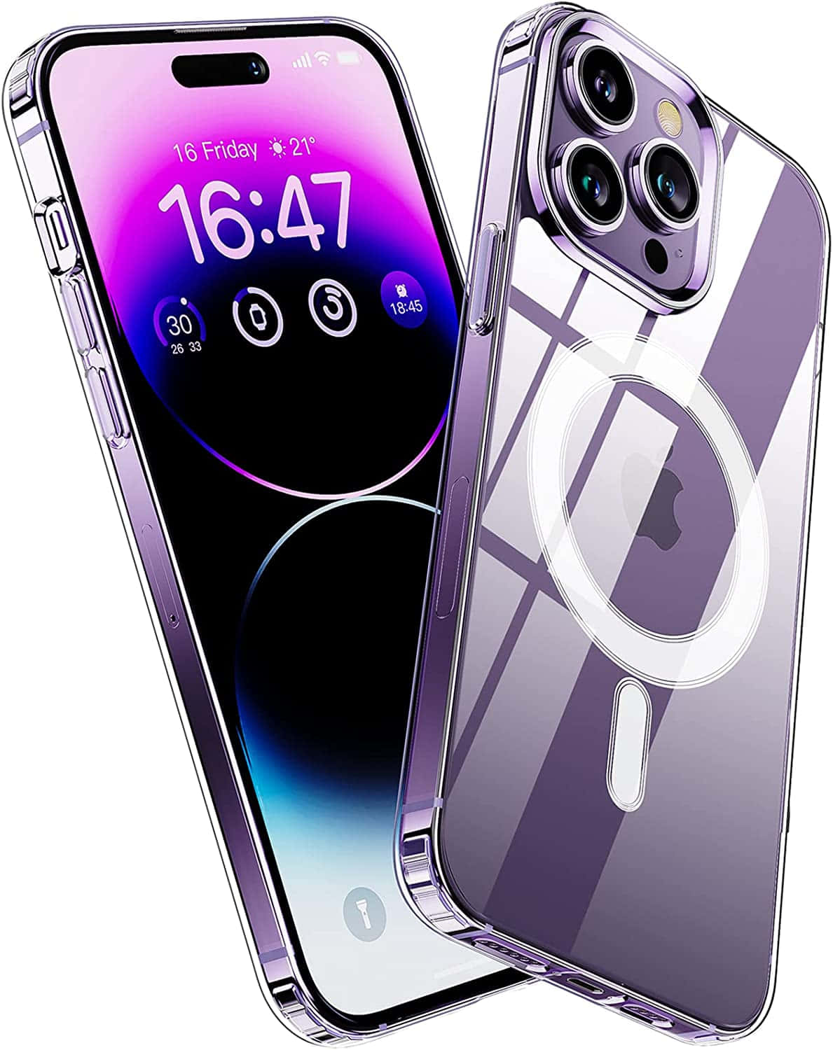 iPhone 桌布 壁紙 — 一部時尚的紫色 iPhone 14 Pro Max 放在透明保護殼中，在白色背景上顯示充滿活力的紫色漸變鎖定螢幕。