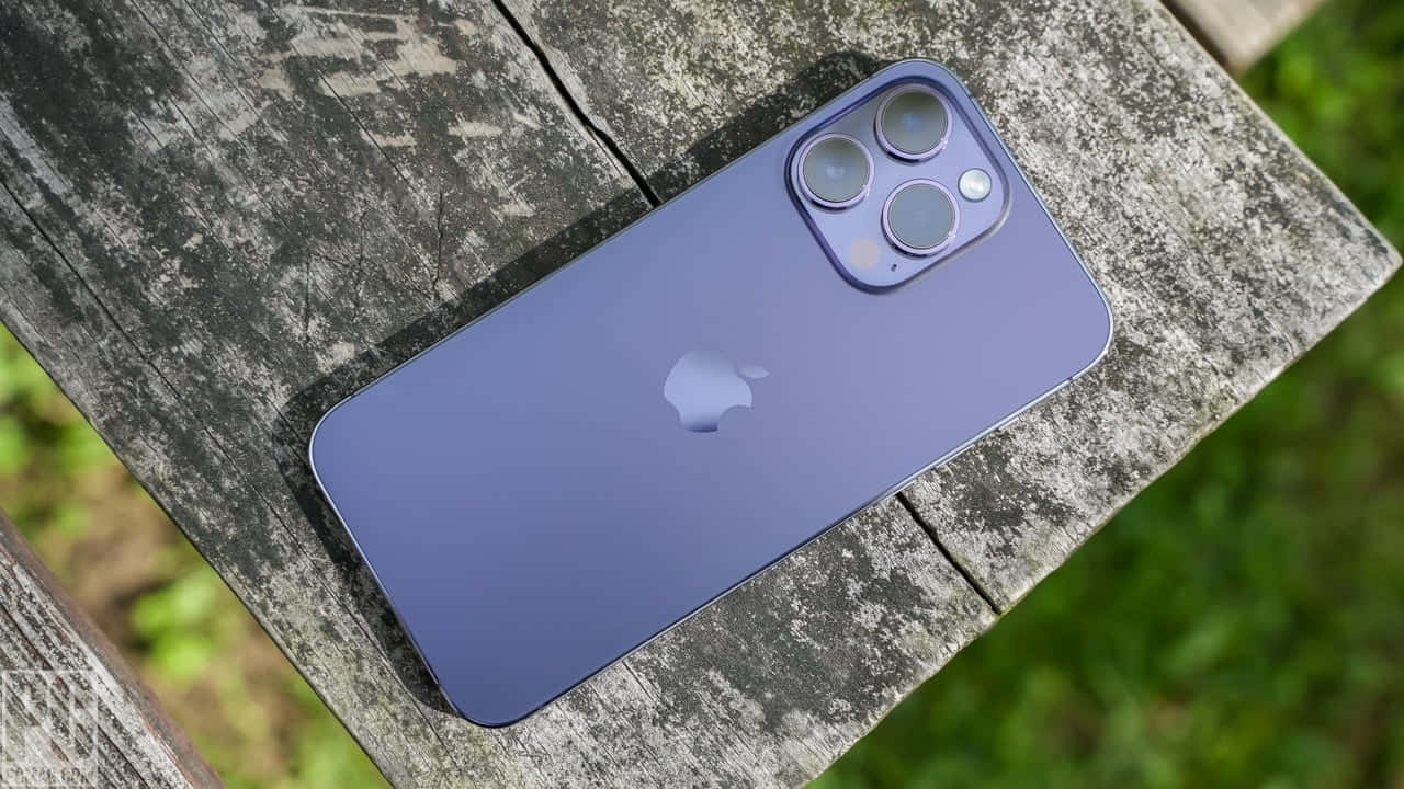手機 桌布 壁紙 — 一部時尚的紫色iPhone放在經風化的木質表面上，背景是模糊的綠色樹葉。