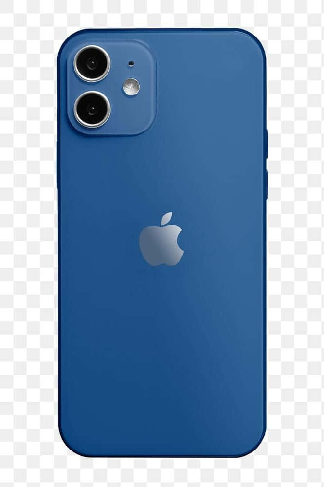 iPhone 12 桌布 壁紙 — 一部時尚的藍色 iPhone，配備雙鏡頭和銀色 Apple 標誌，背景為透明方格。