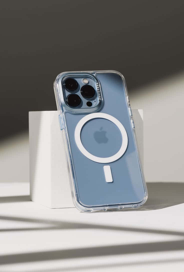 iPhone 12 桌布 壁紙 — 一部時尚的藍色iPhone搭配透明磁吸保護殼，放置在白色底座上，柔和自然光投射出幾何陰影。