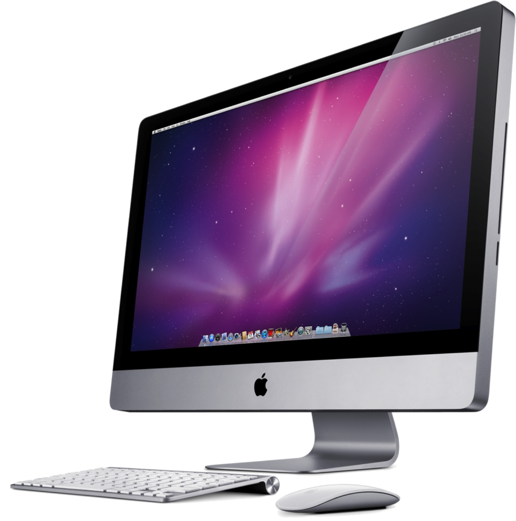 Mac 桌布 壁紙 — 一部時尚的銀色 Apple iMac，螢幕上顯示充滿活力的紫色和粉紅色宇宙風格桌布，並配有相配的鍵盤和滑鼠。