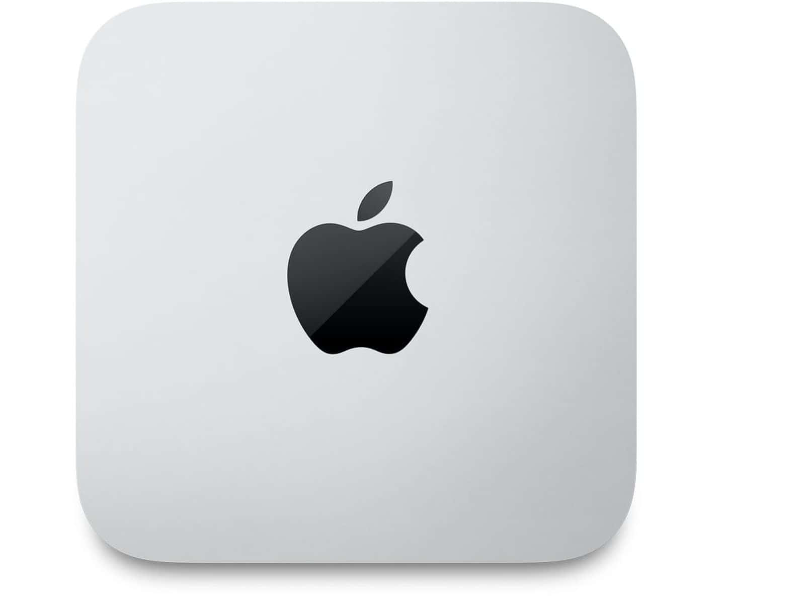 Mac 桌布 壁紙 — 一部時尚的銀色 Apple Mac mini 電腦，其圓角方形機殼中央有一個亮黑色標誌。