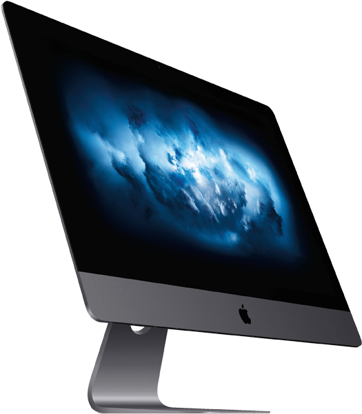Mac 桌布 壁紙 — 一部時尚的銀色 iMac，螢幕上顯示戲劇性的藍色多雲桌布，背景為黑色。