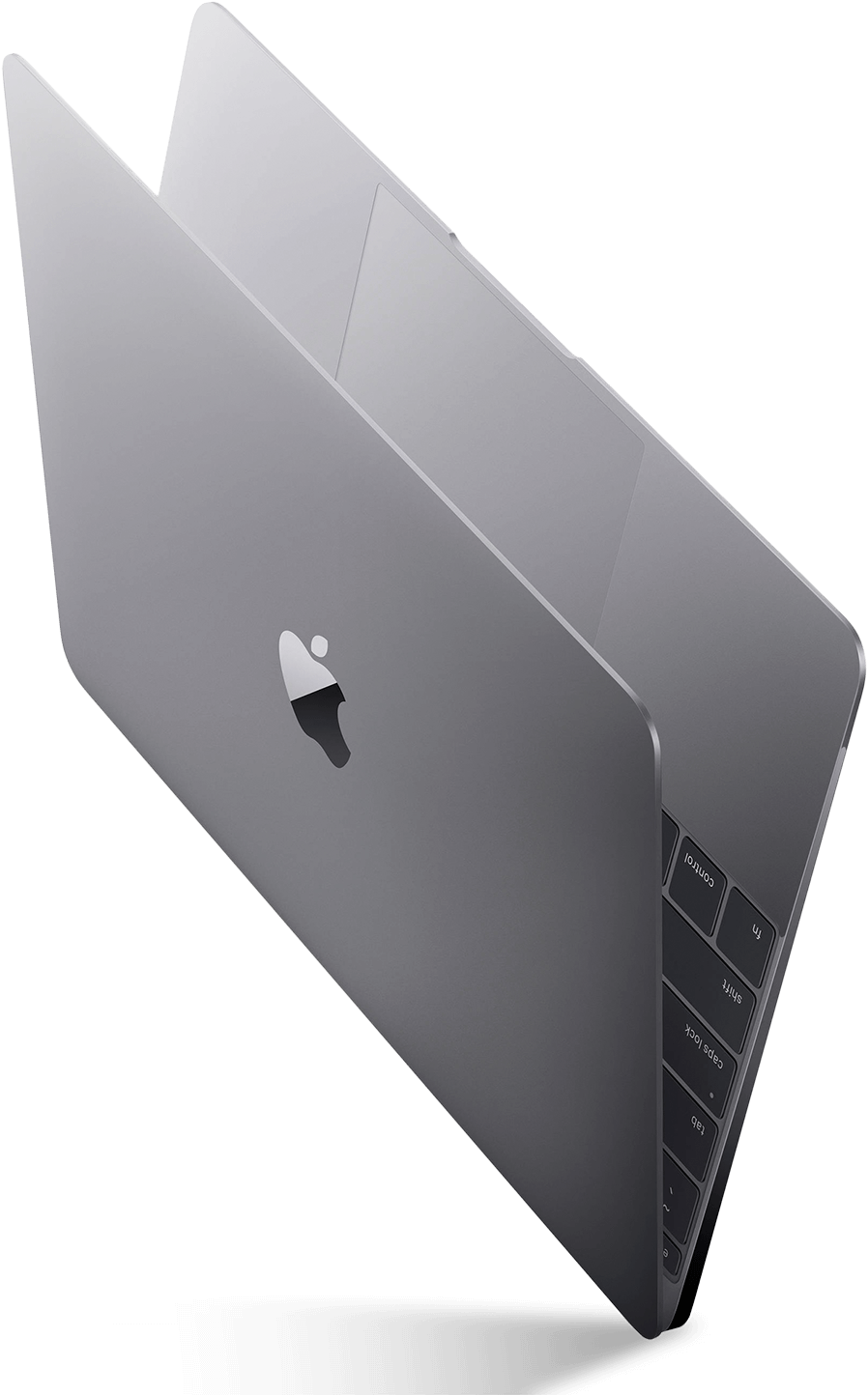 MacBook 動態圖片 桌布 壁紙 — 一部時尚的銀色 MacBook 筆記型電腦以傾斜角度展示在黑色背景上，鍵盤和 Apple 標誌清晰可見。