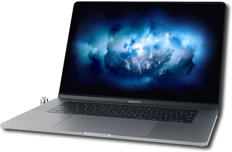 MacBook 動態圖片 桌布 壁紙 — 一部時尚的銀色 MacBook Pro 筆記型電腦在黑色背景上打開，顯示出戲劇性的藍白雲壁紙。