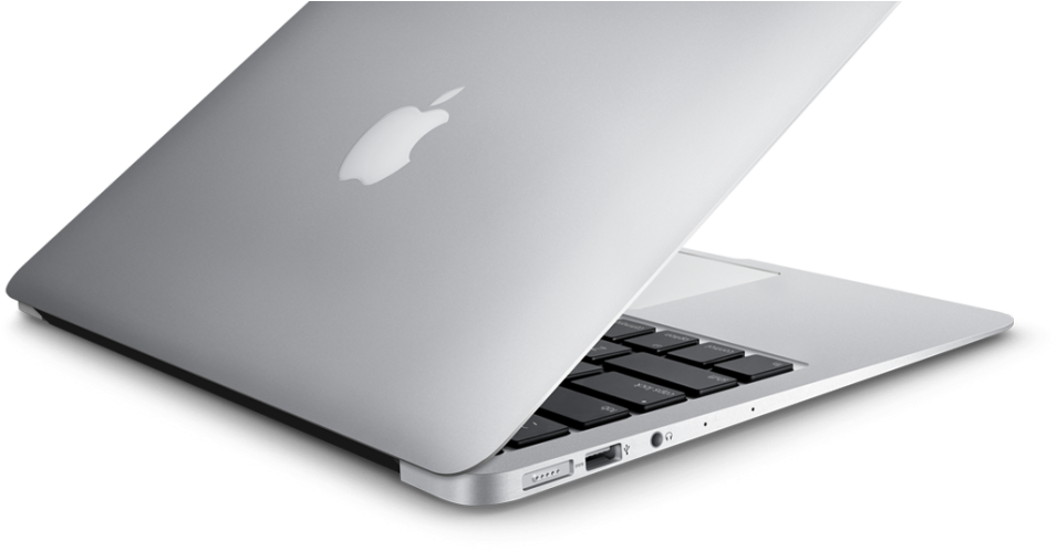 MacBook 動態圖片 桌布 壁紙 — 一部時尚的銀色 MacBook 筆記型電腦以傾斜角度打開，在純黑色背景上展示其鍵盤和連接埠。