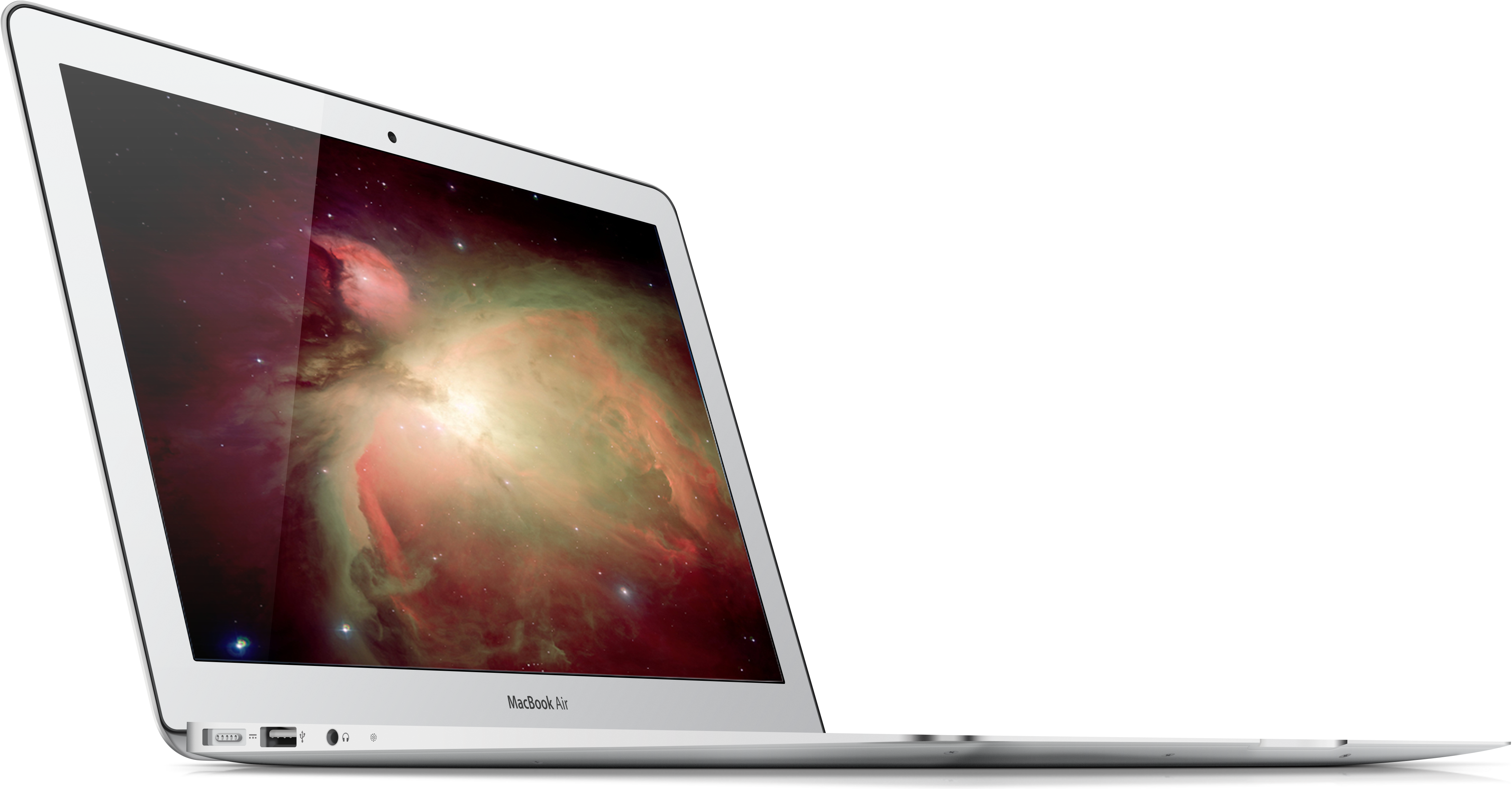 筆電 桌布 壁紙 — 一部時尚的銀色 MacBook Air 筆記型電腦傾斜放在黑色背景上，顯示充滿活力的宇宙星雲桌布。