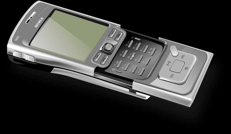 安卓手機 桌布 壁紙 — 一部時尚的銀色 Nokia N91 滑蓋手機，帶有綠色螢幕和實體鍵盤，對角放置在黑色反光表面上。