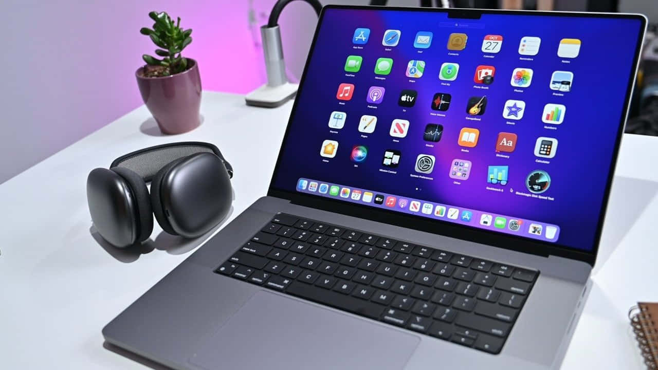 Mac 桌布 壁紙 — 一部時尚的銀色筆記型電腦，帶有鮮豔的應用程式圖標，在白色桌子上發光，旁邊是黑色耳機和盆栽多肉植物，在柔和的粉紅色環境光下。