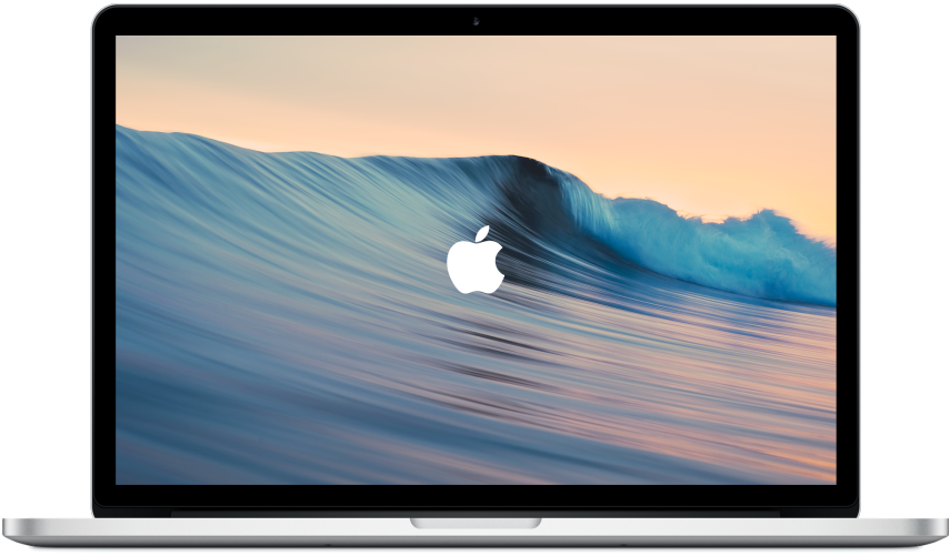 MacBook 動態圖片 桌布 壁紙 — 一部時尚的銀色筆記型電腦在柔和的桃色天空下，顯示一個動態的海洋波浪桌布，頂部有一個發光的Apple標誌。
