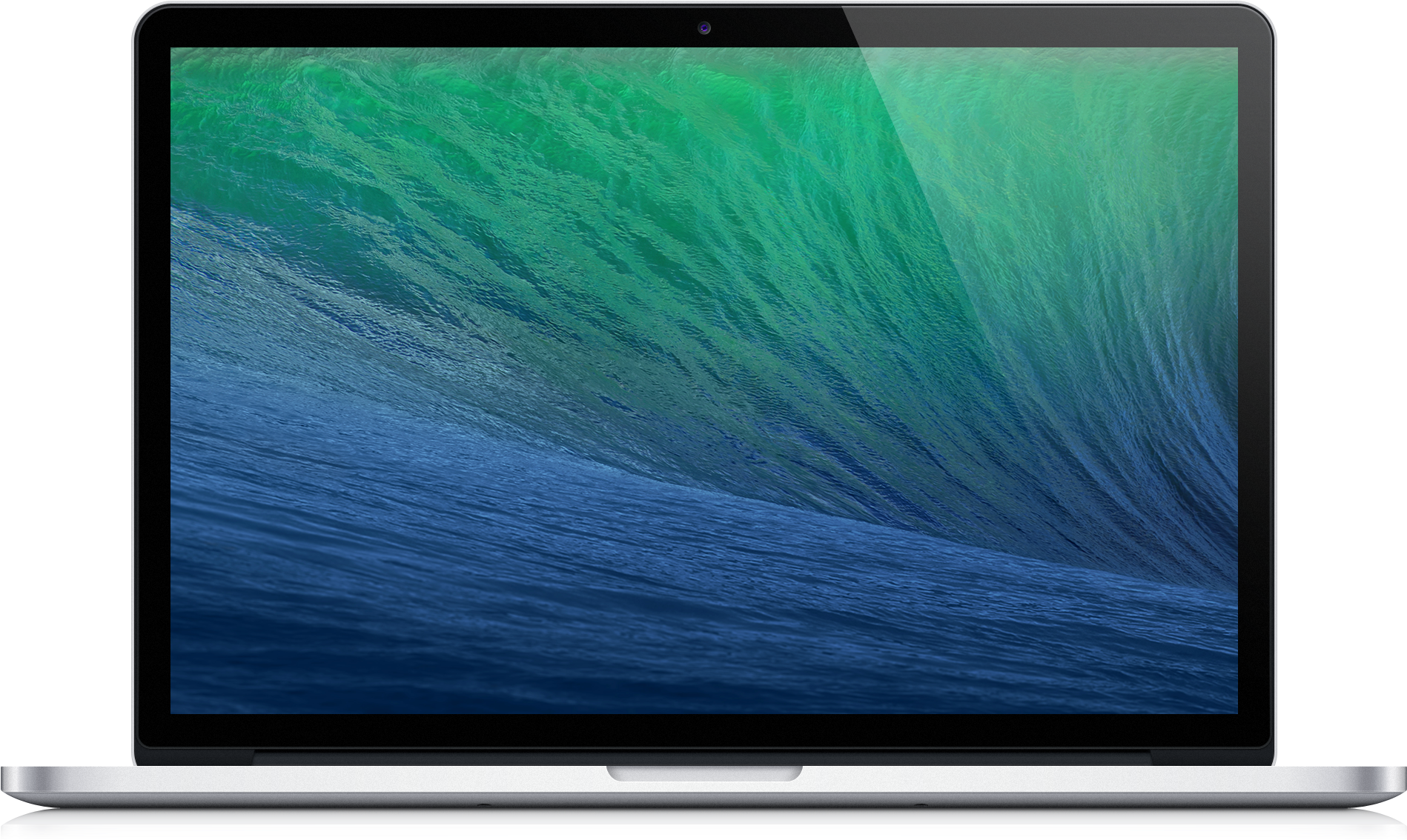 MacBook 動態圖片 桌布 壁紙 — 一部時尚的銀色筆記型電腦顯示出充滿活力的綠色和藍色海浪，完美地捲成一個桶狀。
