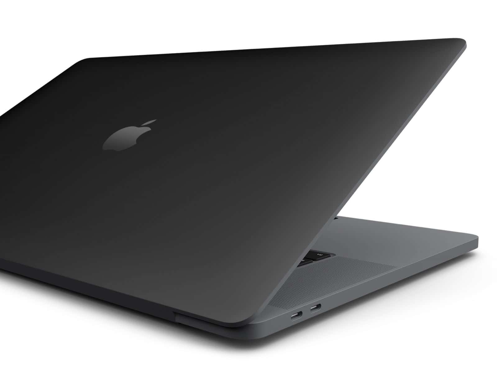 Black Macbook 桌布 壁紙 — 一部時尚的霧面黑色 MacBook 筆記型電腦以傾斜角度打開，置於潔白背景上，展示其簡約設計和 Apple 標誌。