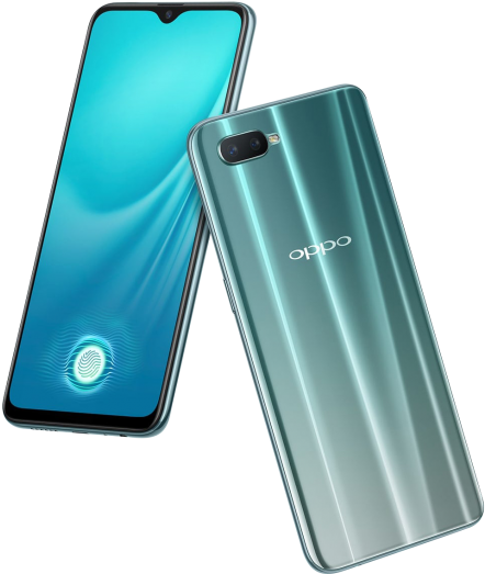 Oppo Mobile 桌布 壁紙 — 一部時尚的青綠色OPPO智慧型手機，在黑色背景前展示正面和背面，螢幕上有一個發光的指紋圖示。