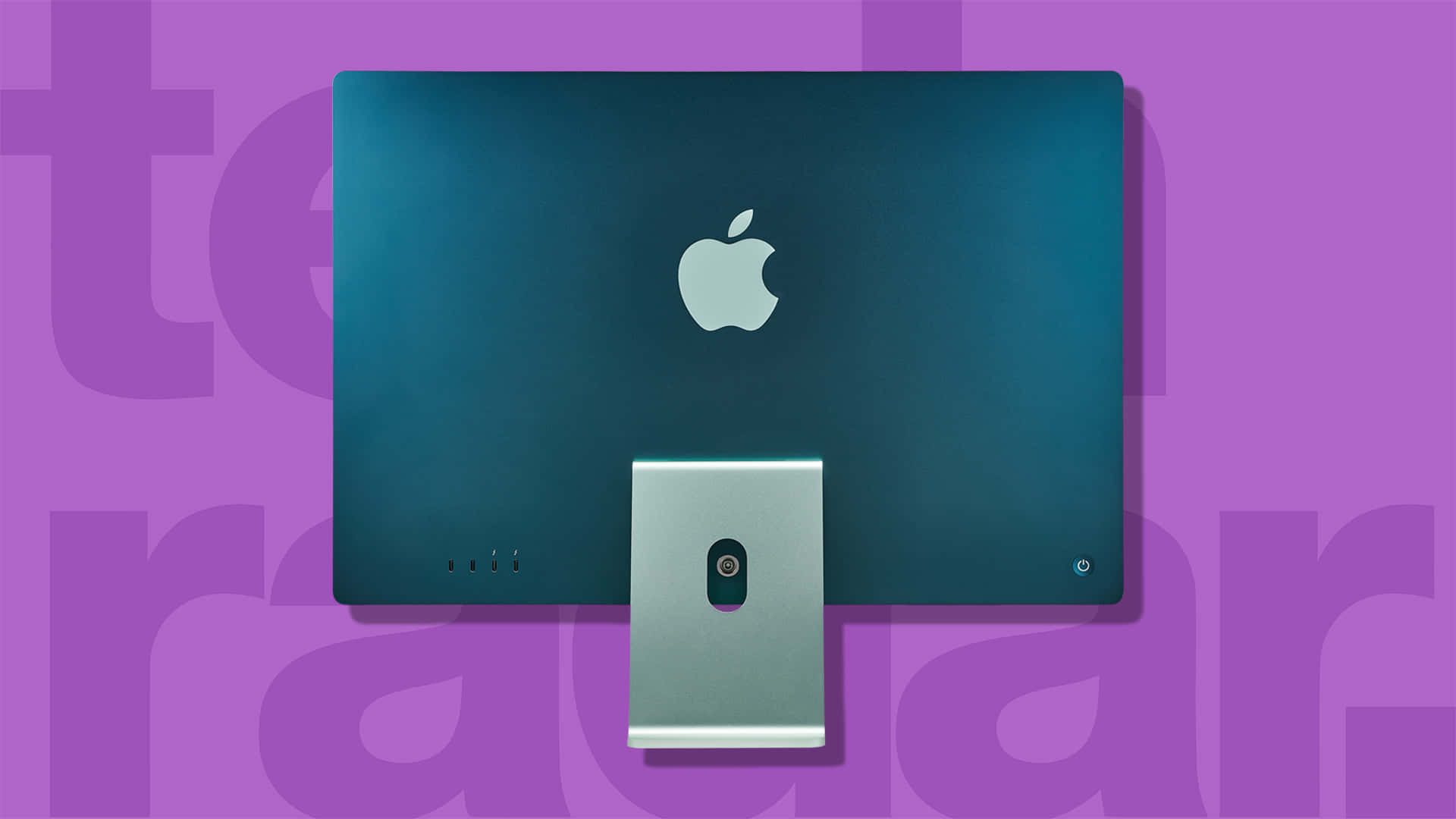 電腦 桌布 壁紙 — 一部時尚的青色 Apple iMac 配銀色支架，置於充滿活力的紫色背景前，帶有模糊文字。